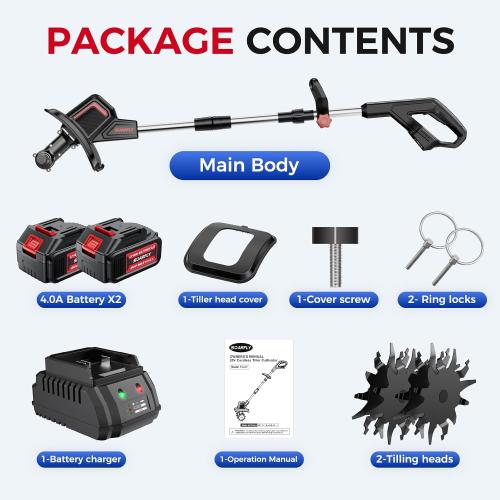 Cordless Tiller Cultivator 9 Width 6.6 Depth, 2×4.0Ah Batteries | 48 Steel Tines, 360RPM, Lightweight Battery Powered Small Garden Rototiller for Lawn Gardening Soil Cultivation
