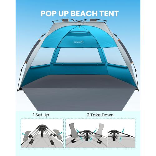 OutdoorMaster Pop Up Beach Tent Sun Shelter for 3-4 Person with Sandbags | Instant Setup, UPF 50  Protection, Privacy Zippered Door, Ventilated Windows, Portable Carrying Bag