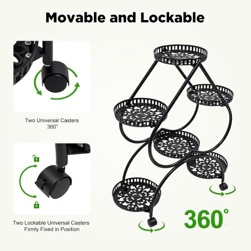 4 Tier Plant Stand, 6 Trays Heart Flower Pot Stand Metal Heart Shaped Plant Shelf with 4 Universal Wheels Indoor Tall Planter Display Shelf for Indoor Outdoor Patio Garden Living Room