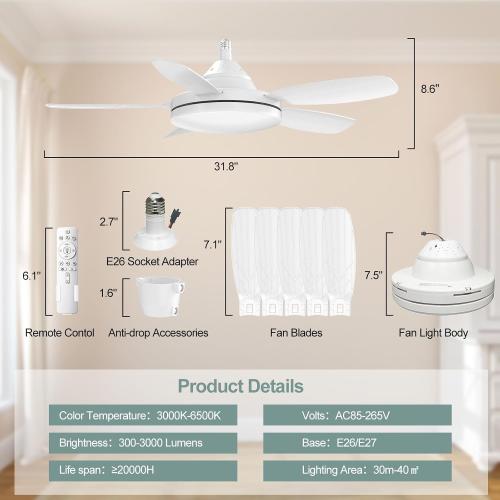 32 Socket Fan Light, 3000 Lumens Small Ceiling Fans with Lights and Remote, E26/E27 Light Bulb Fan with Reversible Motor, Dimmable 3000K-6500K Light Socket Fan for Bedroom Kitchen Garage