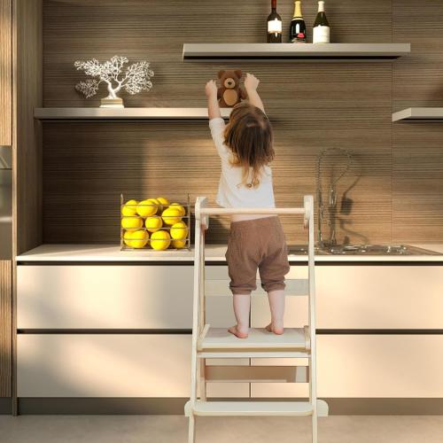 Foldable Toddler Tower Kitchen Step Stool, Folding Tower for Learning with 3 Adjustable Heights, Montessori Toddler Standing Tower Collapsible Step Stool for Kids 1.5-6y Natural