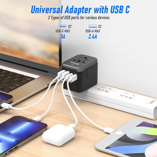 Universal Travel Adapter, VYLEE 5 in 1 International Power Adapter, 3.5A 2xUSB-A and 2xUSB C Wall Charger, Worldwide Travel Essentials Plug for Europe USA UK AUS Asia (Black Grey)