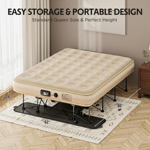 Simpli Comfy Queen EZ Bed Self-Inflating Air Mattress with Built-in Frame, Pump and Wheeled Case, Blow Up Inflatable Rolling Air Bed on Wheels