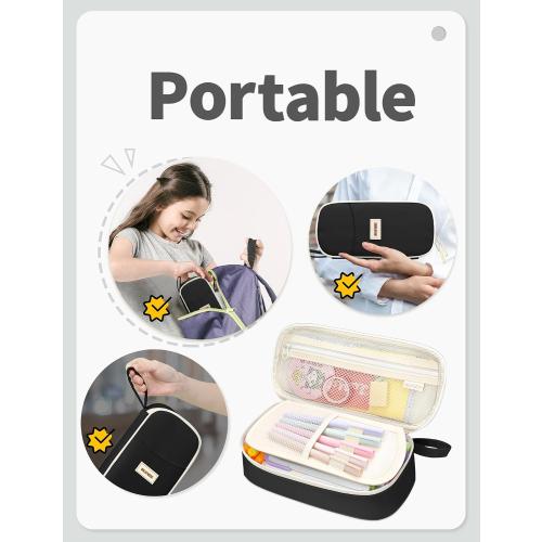 SUNEE Cute Pencil Case, Aesthetic Pen Pouch, Colored Large Pencil Bag with Zipper, Kawaii Stationery Storage and Organizer, School Supplies for Teen and Adult Girls, Black