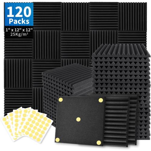 Focusound 120 Pack Acoustic Foam Panels 1 x 12 x 12 Sound Proof Foam Panels Soundproofing Noise Cancelling Wedge Panels for Home Office Recoding Studio with 600 PCS Double-Side Adhesive
