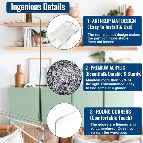 BAUMFEUER 4 Pack Clear Acrylic Shelf Dividers for Closet Shelf Organizer of Bedroom Kitchen Office Bathroom Organizer for Clothes Books Hats and Handbags