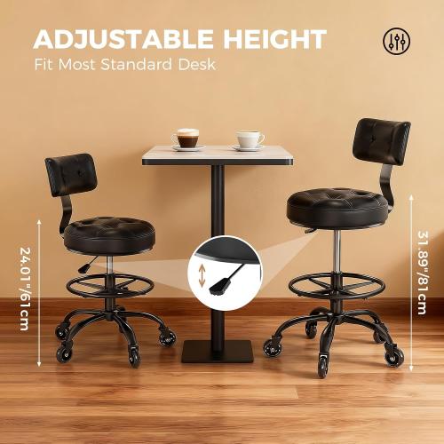 Office Drafting Chair with Footrest, Tall Height Adjustable Stool with Back Support, Heavy Duty Rolling Stool Chair with Wheels for Office Home Kitchen Bar Shop Guitar Studio Medical Vanity(Black)