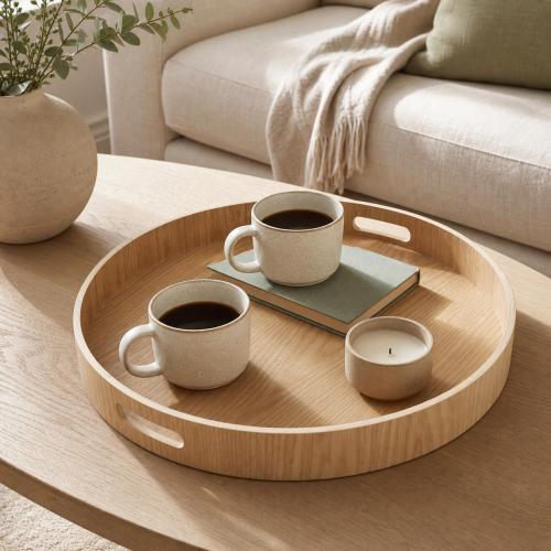 i-lan Large Round Wooden Tray with Handles, 16-Inch Ash Wood Serving Tray