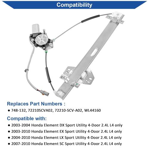 Obaee Window Regulator with Motor Front Right Passenger Side, OE 748-132 | Compatible with Honda Element 2003 2004 2005 2006 2007 2008 2009 2010, Replace 72210SCVA02, 72210-SCV-A02, (2 pins)