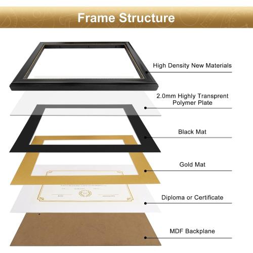 8.5x11 Diploma Frame with Black over Gold Mat, 11x14 Document without Mat