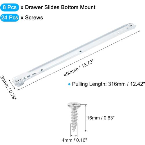 uxcell 2 Pair Drawer Slides, 16 Inch Drawer Slide Heavy Duty Side Bottom Mount Drawer Glides Replacement for Cabinet Dresser Drawers