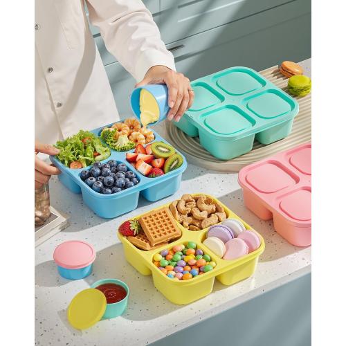 Canfanni 4 Pcs Snack Box Containers Set, Reusable 4 Compartment Lunchable Container with 2Pcs Sauce Containers, Stackable BPA-Free Bento Box for School, Work, Travel (4 Color)