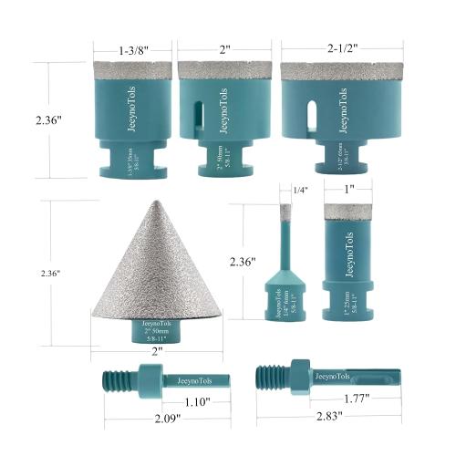 JeeynoTols Diamond Core Drill Bits Set 9pcs(4/5,1,1-3/8,2,2-1/2,4 Drill Bit 2 Beveling Chamfer Bit 2 Adapter) for Ceramic,Tile,Marble,Porcelain for Drilling,Shape,Enlarge,5/8-11 Thread