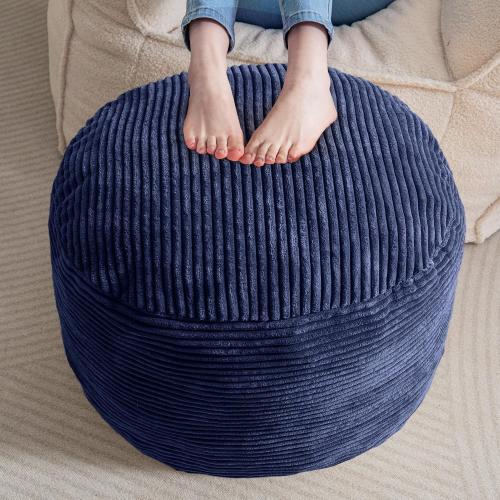 HIGOGOGO Round Stuffed Pouf Ottoman, Corduroy Poufs with Foam Chunk Filling, Furry and Fluffy Pouf Foot Stool Storage Ottoman, Floor Poufs Foot Rest for Living Room, Navy