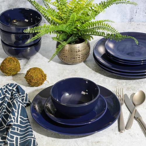 Gibson Simply Essential Coupe 12-Piece Blue Round Stoneware Dinnerware Set