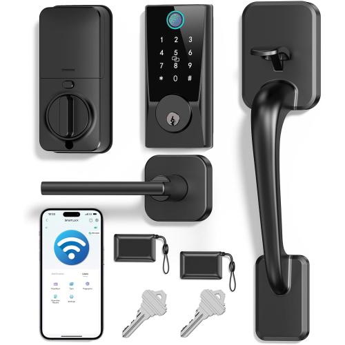WiFi Smart Lock with Handleset, Built-in WiFi Door Lock, Keyless Entry Deadbolt for Front Door, Fingerprint, App & Remote Control, Compatible with Alexa & Google Assistant, Auto Locking