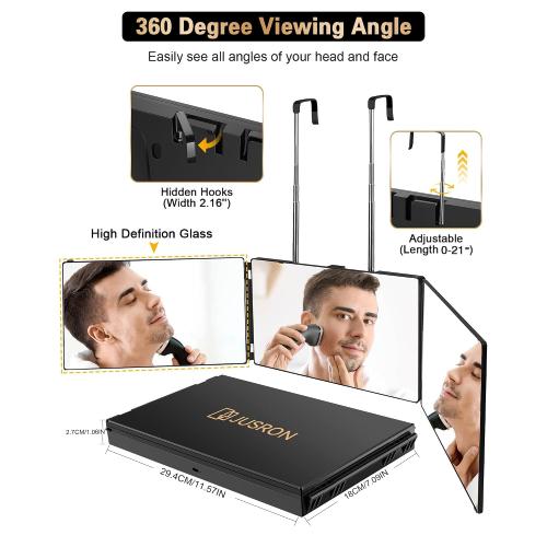 JUSRON 360 Viewing Angle Self Hair Cutting Mirror, Clear Anti-Fog HD Glass (Black Without LED Without Accessories)