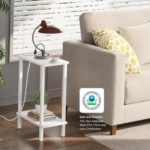TUTOTAK Narrow Side Table, 2-Tier Small End Table with Charging Station