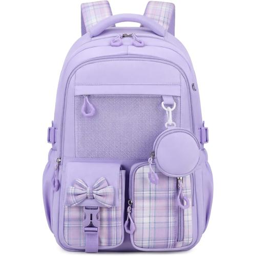 Backpack for School, Kids Backpacks for Girls, Girls Cute Bookbag for Teens, Schoolbag for Elementary Middle School Students, Girl Backpacks Ages 6-8, With Coin Purse, Travel, Camp, Purple Plaid