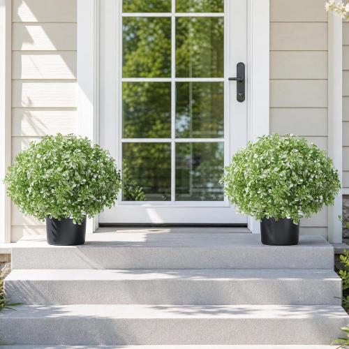 2 Pack Fake Potted Plants Artificial Plants for Outdoors Decor, Green White