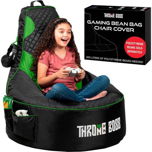 Throne Boss Gaming Bean Bag Chair Cover for Kids with High Back, Green – Floor Gaming Chair Cover, Easy to Clean Fabric, Large Side Pockets, Headphone Hanger, Requires 200 Liters Polystyrene Beans