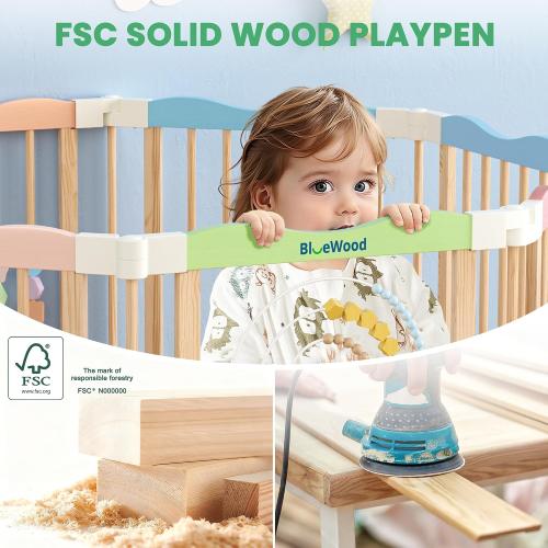 Foldable Wooden Baby Playpen, 45 x 45 x 24 inches, Pastel Dream, Colorful | Adjustable Wood Play Yard, Indoor Large Safety Fence for Babies and Toddlers, Built-in Toys Design