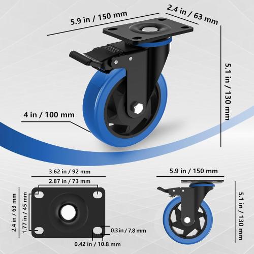 4 Inch Caster Wheel with Brake,Heavy Duty Casters Set of 4,Swivel Top Plate Casters
