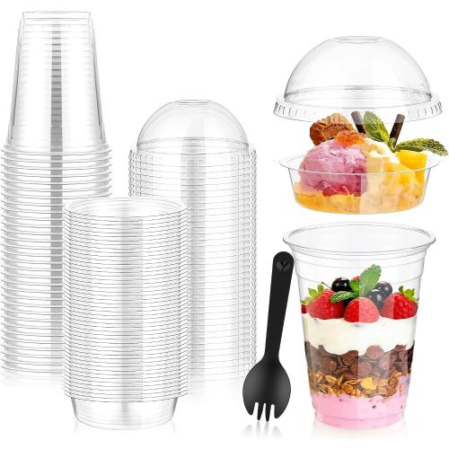 DI QIU REN 50pcs 12oz Clear Parfait Plastic Cups with Dome Lids & Spoons