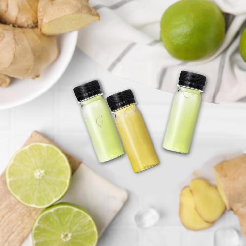 Xuyyicao 30 Pcs 2 Oz Small Plastic Bottles for Liquids,Ginger Shot Bottle with Lids,Reusable Bulk Beverage Containers for Juice,Liquor,Potion,Wellness,DIY,Wedding,Party,Travel(Black Cap)