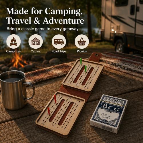 Portable Cribbage Board Set, Premium Leather Foldable Cribbage Game with Playing Card & Pegs, Pocket Size for Camping, Travel, Adventures & Unique Gift for Father's Day, Christmas & Cribbage Lovers