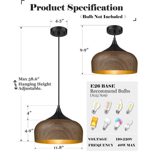 ELYONA Modern Bauhaus Pendant Light Walnut Wooden Pattern Dome Pendant Light Fixture Matte Black Metal Gold Inner Adjustable Hanging Lighting for Kitchen Island Dining Room Office Hallway Bedroom