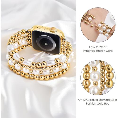 AIRSPO Gold Beaded Bracelets Compatible for Apple Watch Bands 38mm 40mm 41mm 42mm for Women, Fashion Handmade Dressy iPhone Watch Bands Stainless Steel Beads & Pearl Elastic Strap for iWatch Series 11 10 9 SE 8 7 6 5 4 3 2 1 Gold