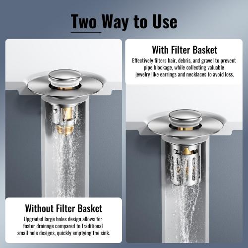 Heavy-Duty All-Metal Sink Stopper & Drain Strainer for Bathroom, Anti-Clog Anti Drain Flies/Smell Blocking/Easy Cleaning/2-Pack/Dual Drainage Modes/Pop-Up Design/Fits 1.1–2.36 Drain