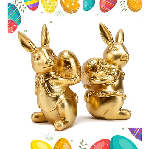 Steviieden Small Bunny Decor Set of 2, Spring Easter Decor Rabbit Figurines, Bunny Statue Tabletopper Decorations for Party Home Holiday, Cute Rabbit Easter Gifts, Gold