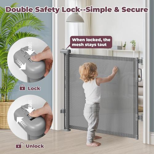 Retractable Baby Gate for Stairs, 55 Wide Mesh Dog Gate Indoor, 34 Tall Child Gate for Doorways, Hallways, Deck, Indoor Outdoor Pet Baby Safety Essentials for Home, Grey