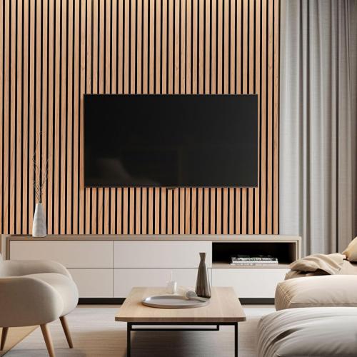 DOLLAR BOSS Wood Slat Acoustic Panels for Wall, 46.5 x 23.8 2Pcs Soundproof Absorbing Wall Panel with Wood Finish 3D Fluted, Oak