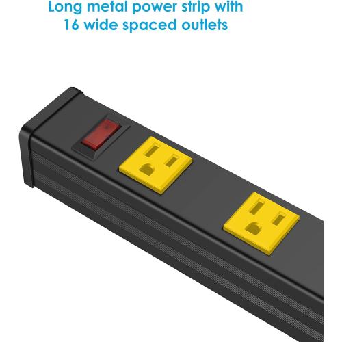 JUNNUJ Long Metal 16 Outlet Wide Spaced Power Strip, Yellow, 6 FT Cord | Heavy Duty Wall Mount Outlets for Garage Industrial Workshop, ETL Listed, 15A, 125V, 1875W