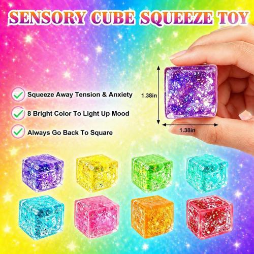 12 Pack Glitter Stress Cubes Sensory Fidget Toys for Kids Adults, 8 Colors Squishy Cube Stress Balls, Anxiety Relief Squeeze Toys for Classroom Prizes Party Favors Easter Basket Stuffers