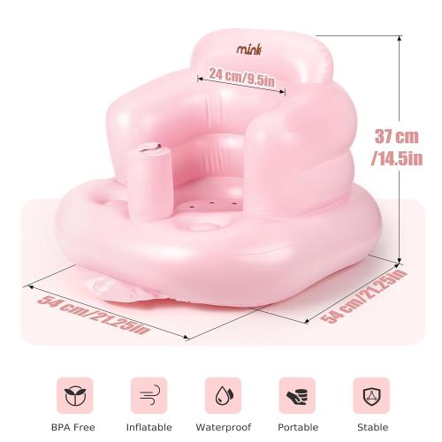 Mink Inflatable Baby Seat for Babies 3 Months & Up, Blow Up Floor Baby Chair with Back Support, Fence & Built-in Air Pump, Sit Me Up Inflatable Chair for Sit Training, Feeding, Travel (Pink)