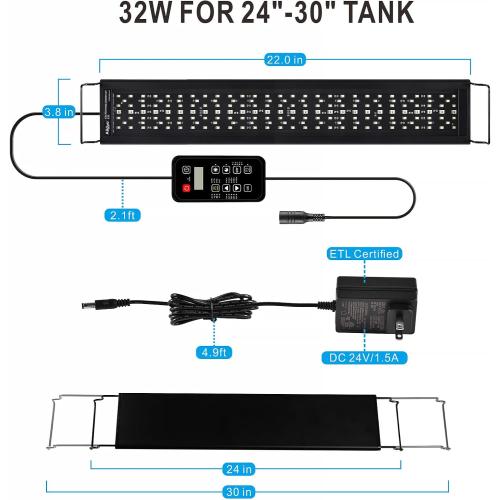 Advanced 7-Row LED Aquarium Light, Easy Setup Controller, Auto On Off Full Spectrum Fish Tank Light, 24/7 Lighting Cycle, 8 Colors, 10 Level Dimming, 32W for 24-30 Freshwater Planted Tank