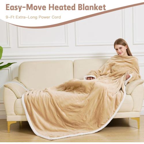Heated Blanket, 55×80 Wearable Electric Blanket with Sleeves, Sherpa Snuggle Throw Blanket, Warm Gift for Grandma, Mom, Dad, (Camel)