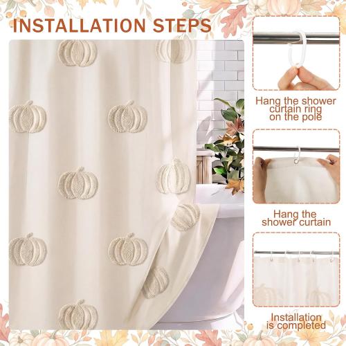 Beige Fall Pumpkin Shower Curtain for Bathroom 3D Tufted Embroidery Design