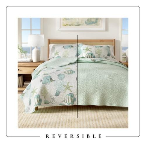 Coastal Quilt Set - Lightweight, Soft, All-Season - 3-Piece Reversible Bedding Set (King / California King, Fish & Coral)