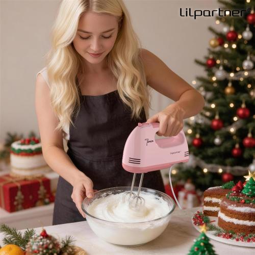 LILPARTNER Hand Mixer Electric, Ultra Power Kitchen Hand Mixer With 7-Speed & 5 Stainless Steel Accessories for Whipping Dough, Cream, Cake, Dishwasher Safe, Light Pink