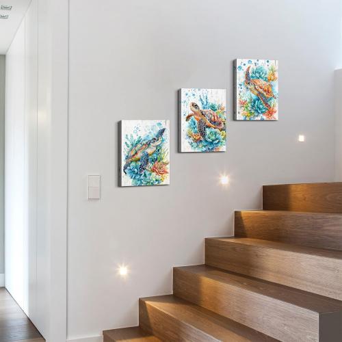 Sea Turtle Wall Decor Teal Ocean Beach Bathroom Wall Art Succulent Pictures Coastal Room Decor Nautical Canvas Paintings Abstract Sea Turtles Theme Posters Artwork Home Bedroom Decoration 12x16” 3Pcs