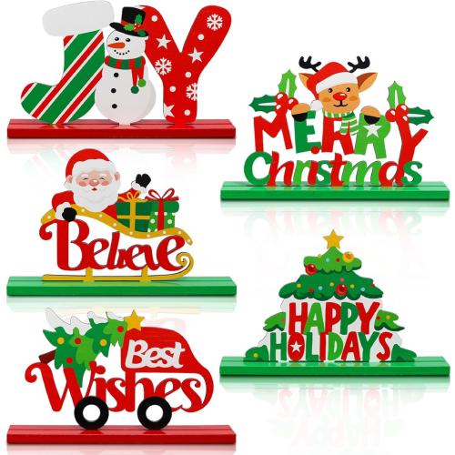 5PCS Christmas Table Decorations, Wooden Christmas Decorations, Seasonal Holiday Centerpieces, Winter Tabletop Display for Holiday Celebration, Xmas Home Decor