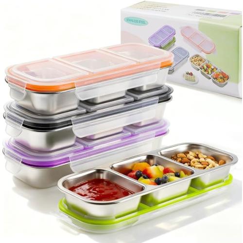 4 Pack Stainless Steel Snack Containers with Lids 3 Compartments