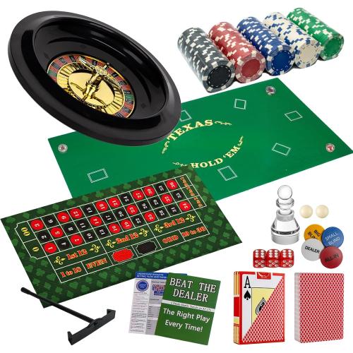 5 in 1 Casino Game Pro Set: 125 Pro Poker Chip, Blackjack Roulette Wheel Craps Texas Holdem Poker Gaming Kit with Table Game Mat Playing Card Dice Casino Accessory for Party