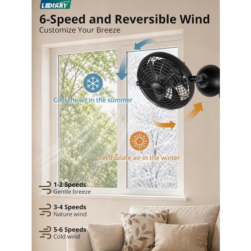 LEDIARY 10 Small Wall Mount Fan with Remote Plug in Cord, Black