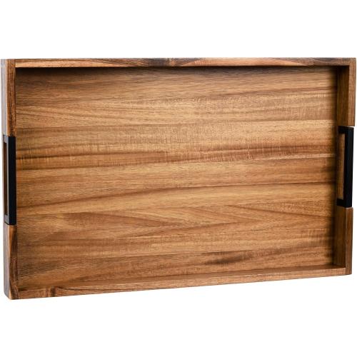 Joy&Grace Large Ottoman Tray for Living Room and Coffee Table, Decorative Acacia Wood Serving Tray with Metal Handles for Breakfast in Bed, Dinner Food Kitchen TV (Natural, 24 x 15 x 2)